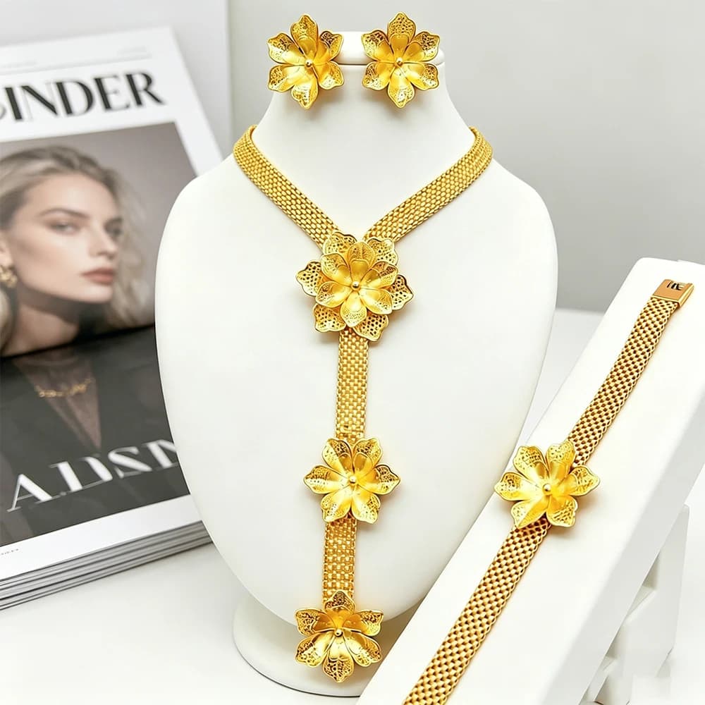 Set di Gioielli Classici con Collana a Fiori, Orecchini e Bracciale, Set Trendy con Collana Lunga, Lussuoso Set Placcato Oro 24k Stile Dubai per Donne