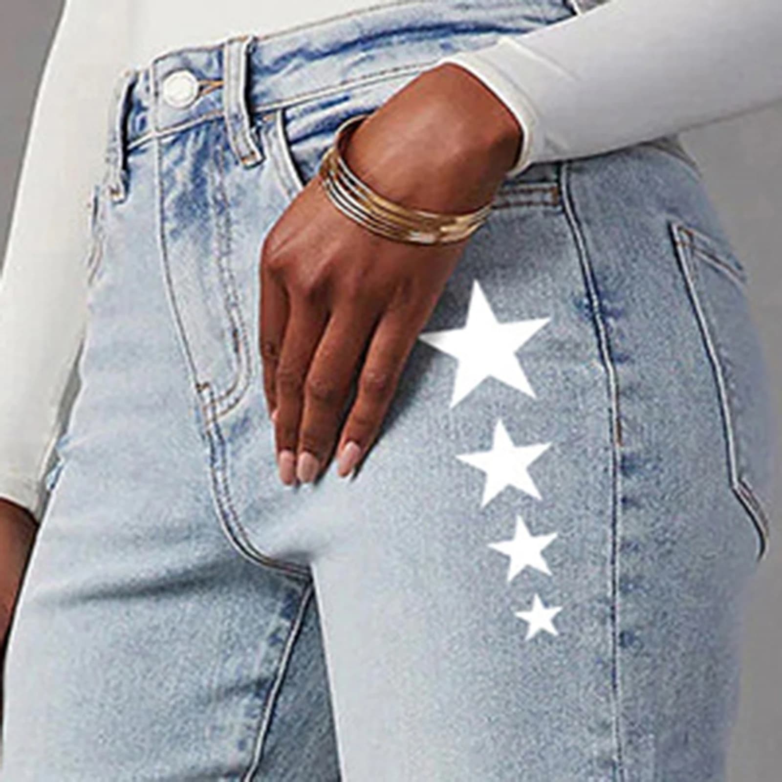 Jeans svasati alla moda da donna Pantaloni in denim larghi strappati con stampa di stelle Pantaloni casual autunnali primaverili