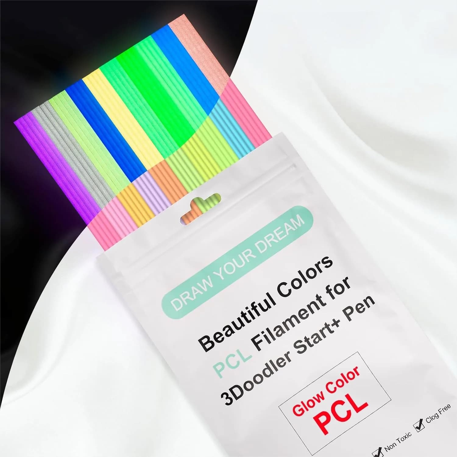 Ricariche per penna 3D Doodler che si illuminano al buio per penna 3Doodler Start+, filamento PCL da 2,5 mm, 10 colori, 100 pezzi, confezioni di filamenti luminosi