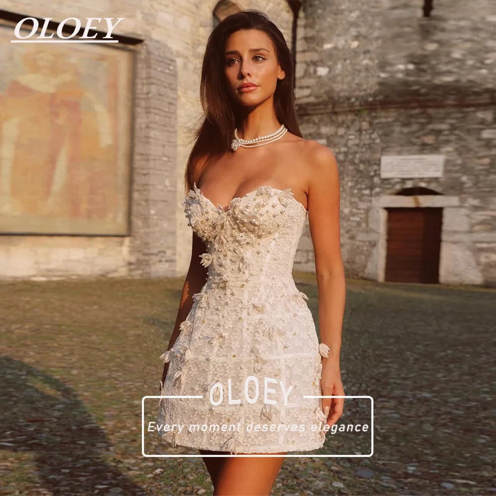 OLOEY Abito da sposa corto di lusso con scollo a cuore, mini abito da sposa con fiori 3D decorati con perline, corsetto personalizzato Robe De Mariage