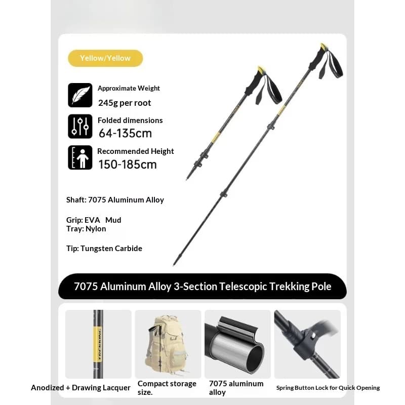 Ultralight Trekking Stick in Aluminium 7075, Adjustable with Exterior Lock, Foldable, Anti-shock, Hiking Stick