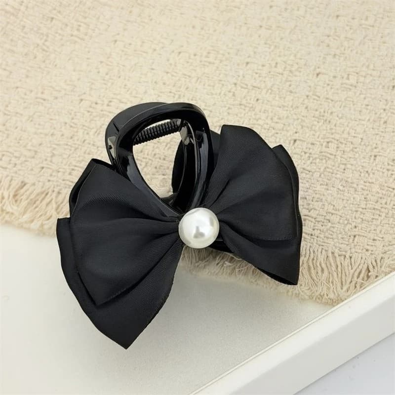 Fermaglio per capelli a pinza nero con fiocco, perle e strass, elegante fermaglio a onda per donna, fermaglio a pinza con perle, fermaglio a pinza Demin