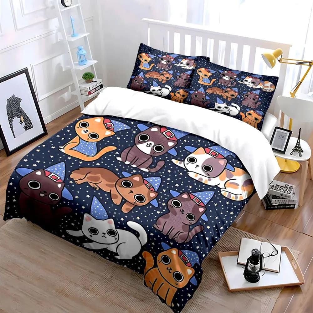Set di biancheria da letto con decorazioni di gatti dei cartoni animati per Halloween, con 1 copripiumino e 2 federe, singolo, matrimoniale, king, queen, regalo