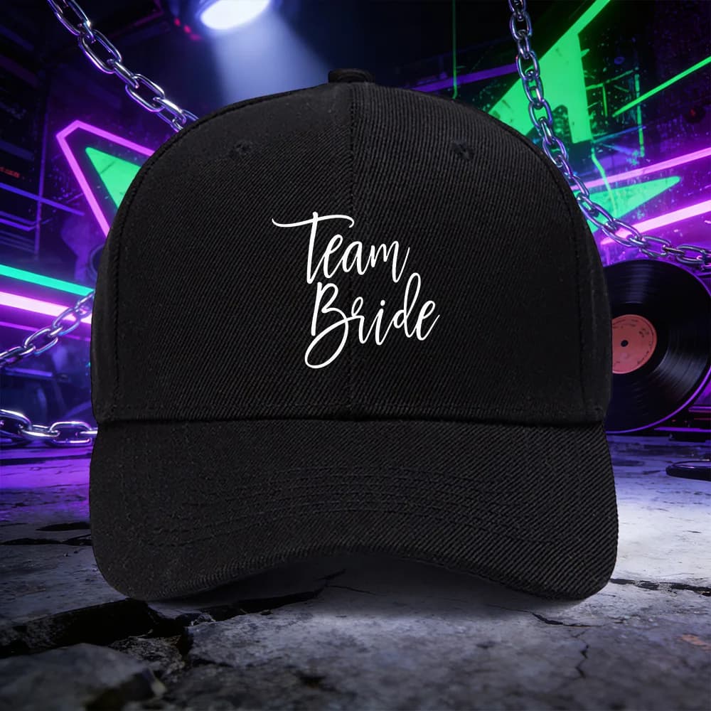 A Baseball Cap Featuring the Team Bride Design, a Unisex Outdoor Sports Sun Hat Suitable for Couples. Available in Multiple Colo