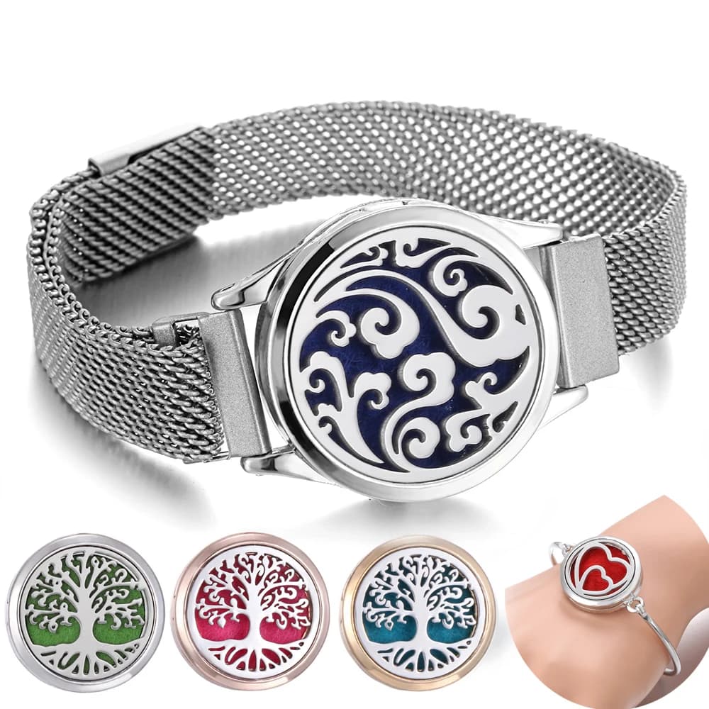 Braccialetto Aromaterapico Albero della Vita in Acciaio Inossidabile, Diffusore di Oli Essenziali, Bracciale con Ciondolo, Gioielli Aromatici