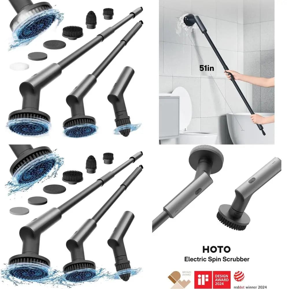 Rotating Electric Brush, Waterproof Bathroom Cleaning Brush, 22 In-lb Pressure, Long Handle with 6 Shower Brushes, Flooring, Tiles