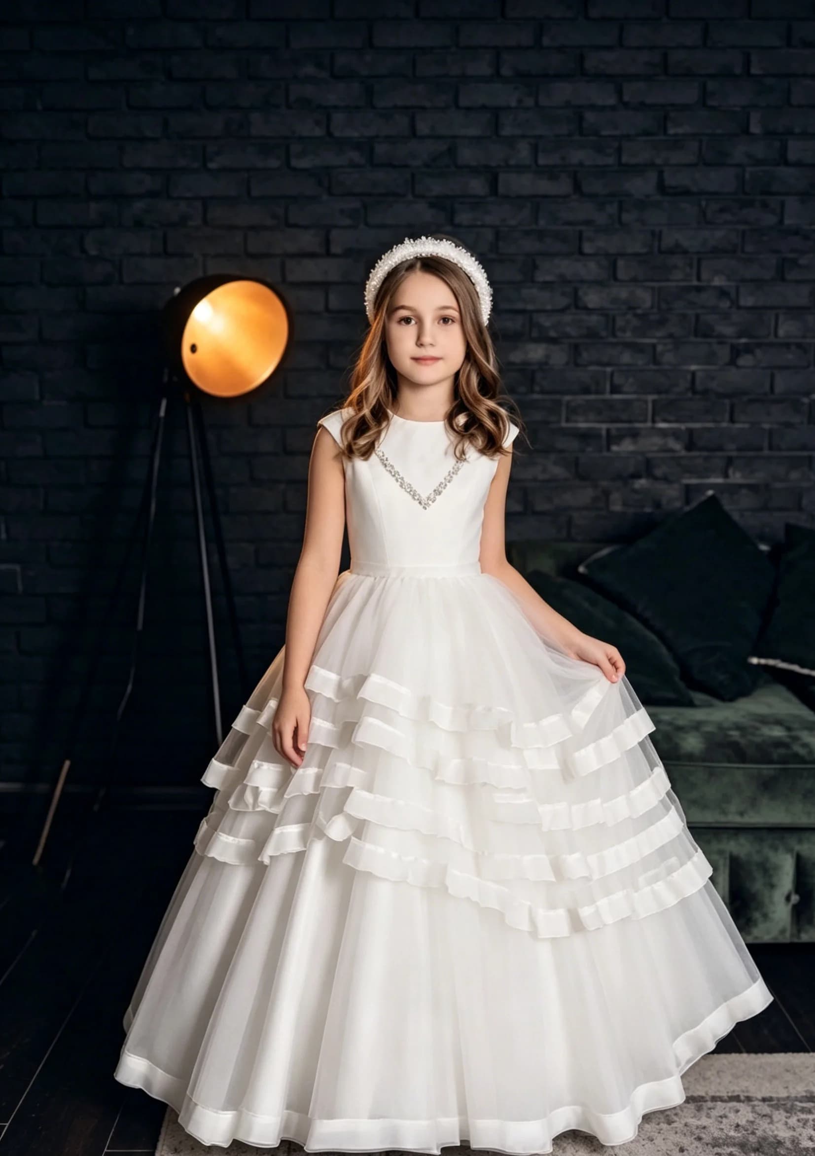 Abito da Damigella Bianco in Raso Personalizzato per Matrimonio, Collo Tondo, Schiena a V, a Strati, per Festa di Compleanno Bambini, Prima Comunione