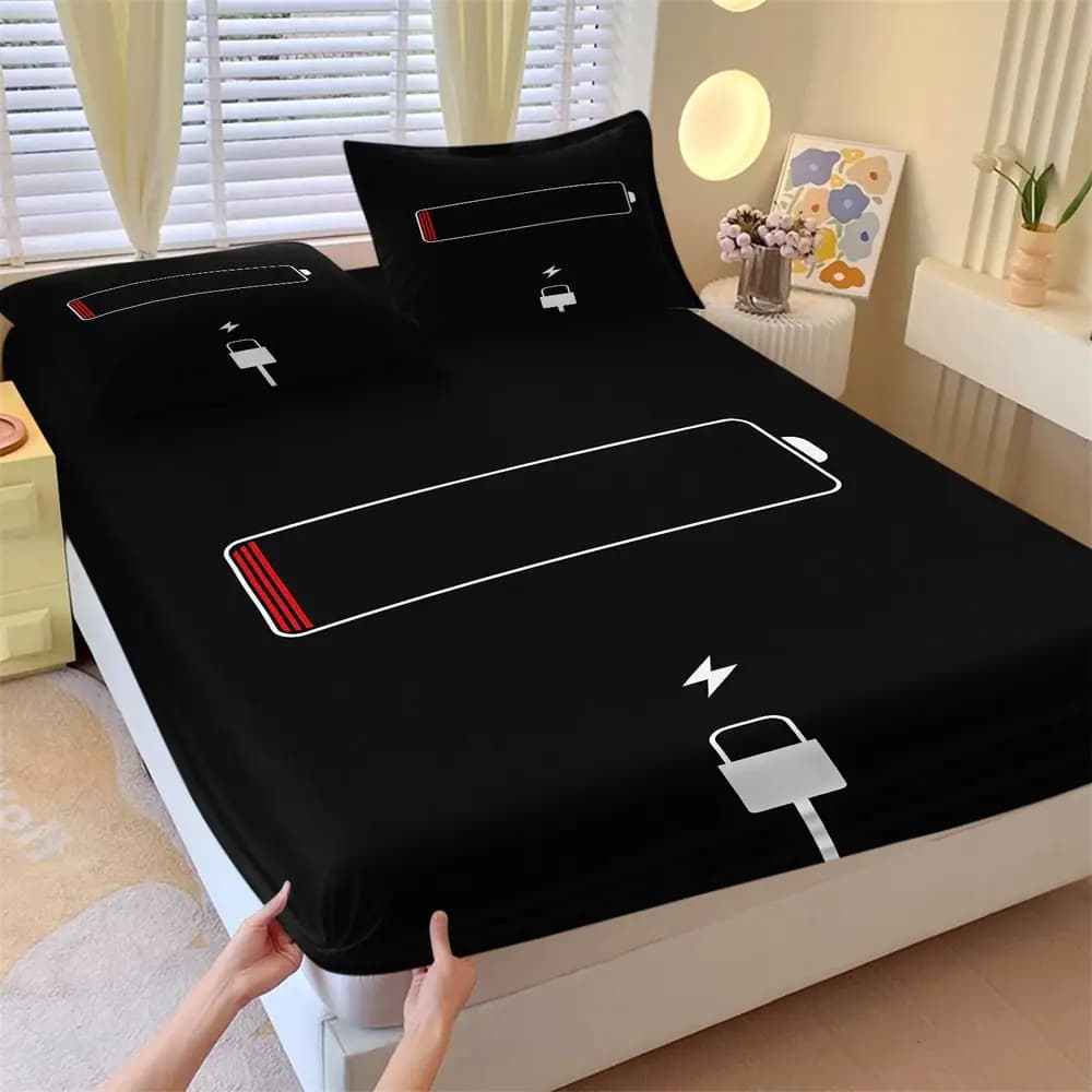 Minimalist Low Battery Warning Print Bedding Set Gaming Room Decor Soft Microfiber Fitted Sheet Set Bed Sheets Set for Bedroom
