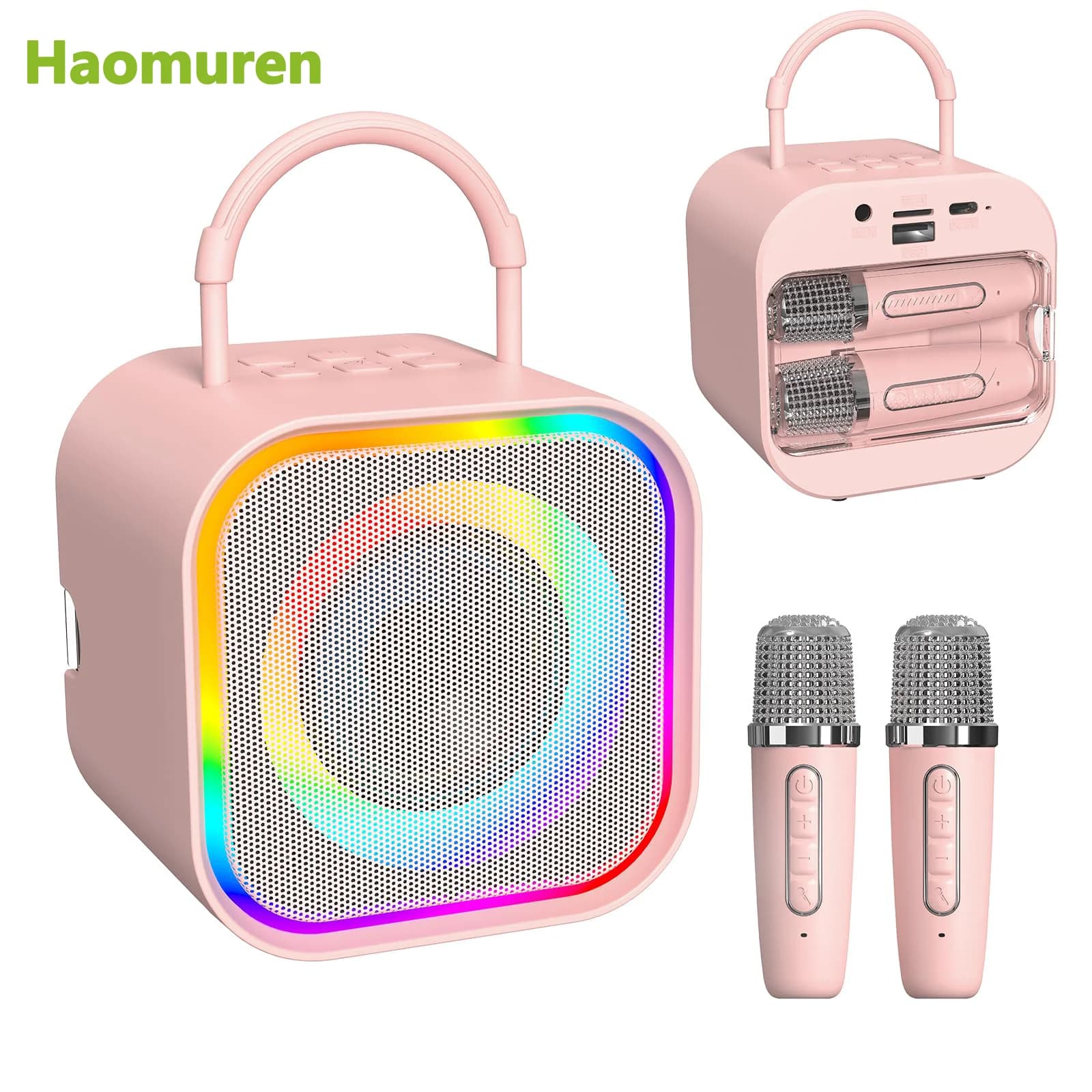 Haomuren Mini macchina per karaoke per bambini con 2 microfoni wireless Altoparlante per karaoke Bluetooth portatile per regali di compleanno per bambini