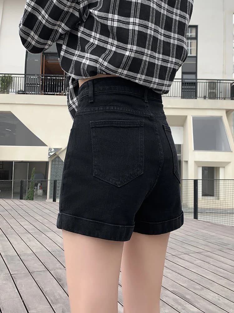 Jeans Corti a Vita Alta e Gamba Larga da Donna, Nuovi Pantaloncini Estivi Sottili Neri a Linea A, Pantaloncini Trendy INS Blu Scuro