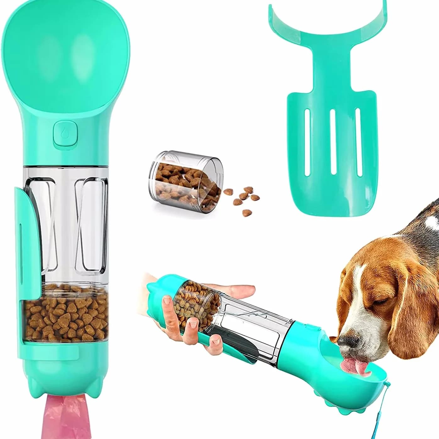 Bottiglia d'acqua per cani da 300 ml/500 ml Dispenser portatile per ciotola d'acqua per animali domestici 4 in 1 con fischio per cani, tazza d'acqua da viaggio per animali domestici con contenitore per alimenti