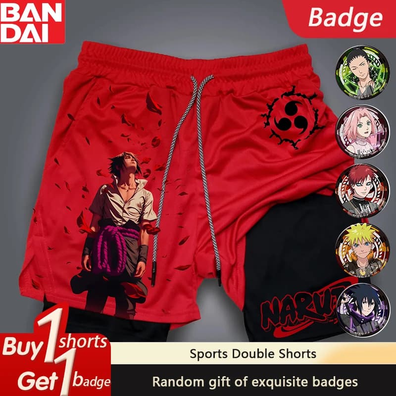 Naruto Japanese Anime Sasuke Peripheral Print Double Shorts American Sports Summer Men's Daily Loose Breathable Pants