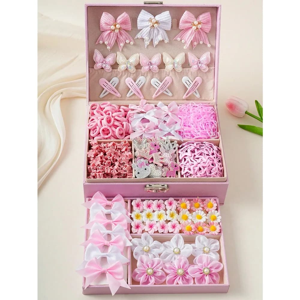 Set di fermagli per capelli con fiocco rosa carino da 576 pezzi/set, include fermagli per capelli a forma di farfalla, fiore di perla, fermagli per capelli a forma di stella, mini fermagli a pinza, elastici per capelli, fasce per capelli, adatti per l'uso quotidiano, regalo per il ritorno a scuola