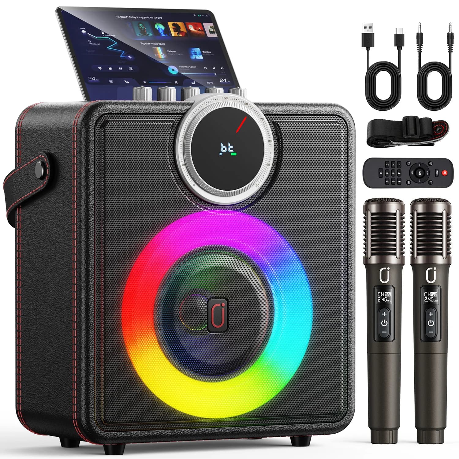 T50-T Macchina per Karaoke, Altoparlante Bluetooth Portatile con 2 Microfoni Wireless per Adulti, Sistema PA con Luci Disco