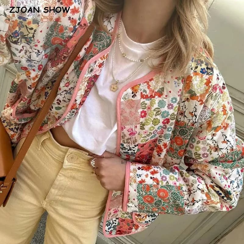 2023 autunno inverno rosa fiore stampa scollo a V cappotto trapuntato etnico donna tasche frontali sottile trapuntatura manica intera Bomber