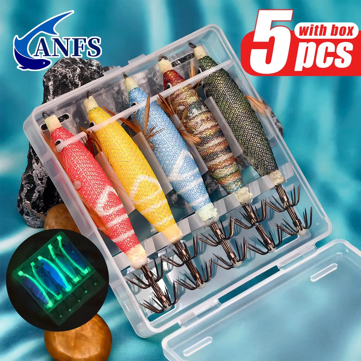 ANFS 5 pezzi Premium orizzontale gamberetti calamari Jig Kit - esche da pesca in acqua salata gamberetti gamberi esche per seppie polpo