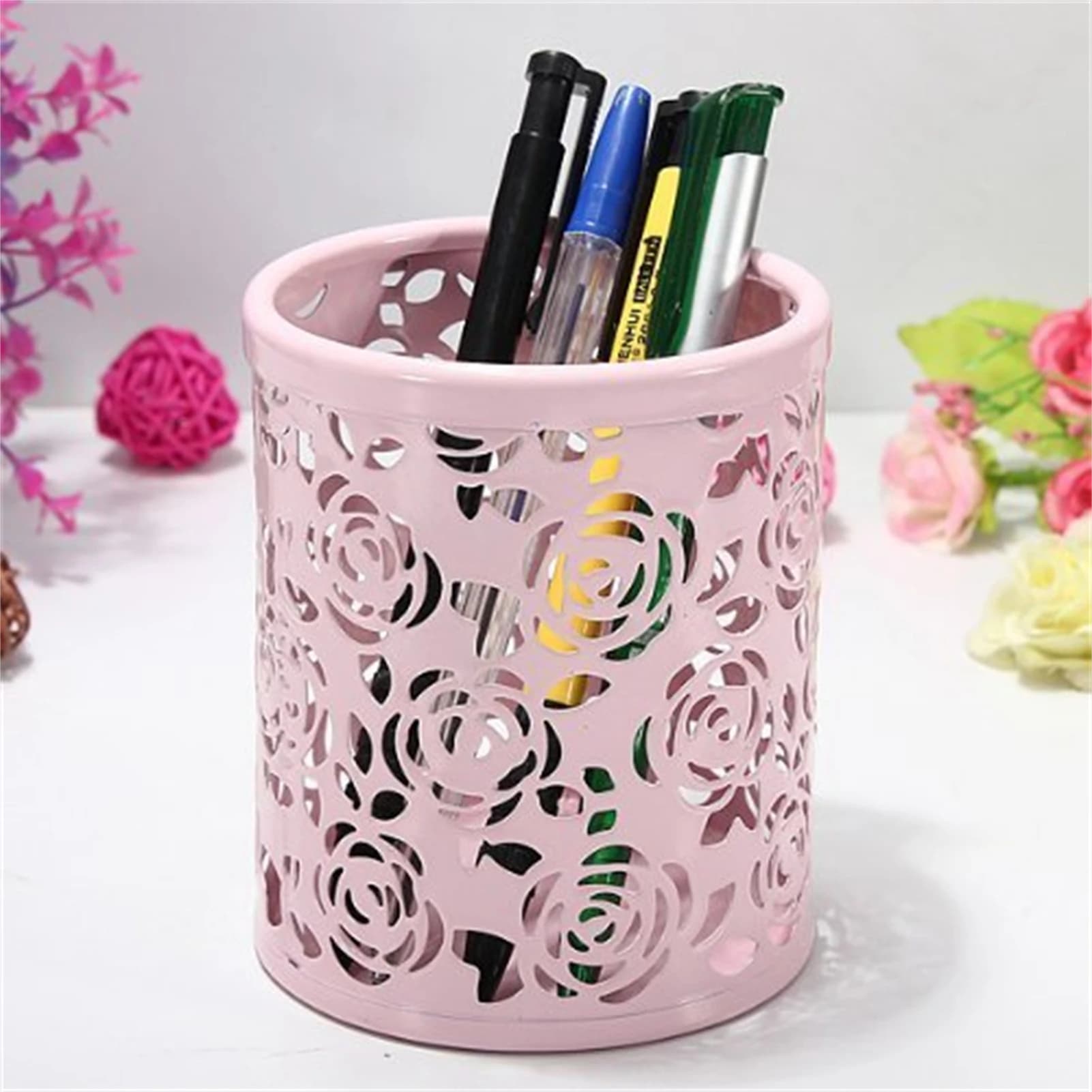 Portapenne Rotondo in Metallo Cavo, Elegante Contenitore da Scrivania per Penne e Pennelli da Trucco, Organizer Estetico per la Scuola