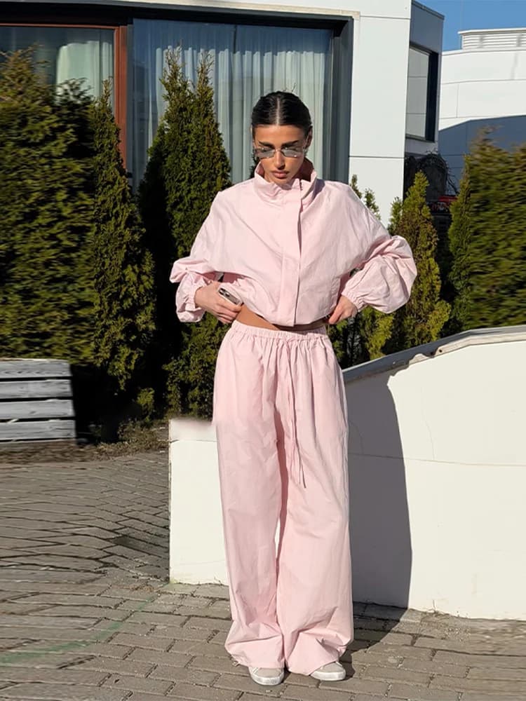Solid Loose Women's Jacket Trouser Suits Stand Collar Crop Tops Drawstring Pants Lady Set 2026 Autumn Female 2 Pieces Set New