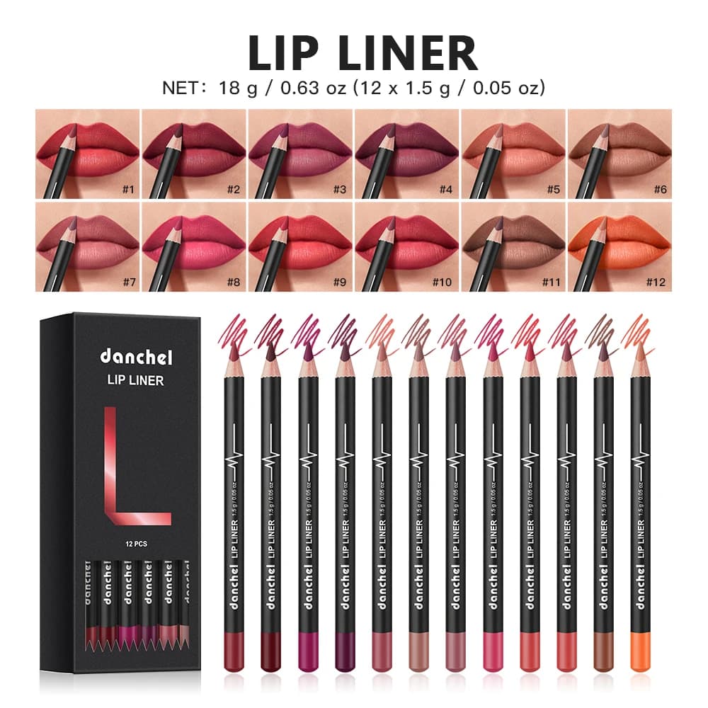 12 Colors Semi-Matte Lip Liner Pencil Set Color Rendering Easy Makeup Waterproof Smudge-proof Durable Lip Makeup Cosmetics
