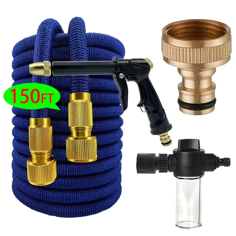 Tubo da Giardino Espandibile Blu da 45 Metri con Pistola a Spruzzo in Metallo, Connettore Rapido in Ottone e Dispenser di Schiuma per Irrigazione di Grandi Terreni