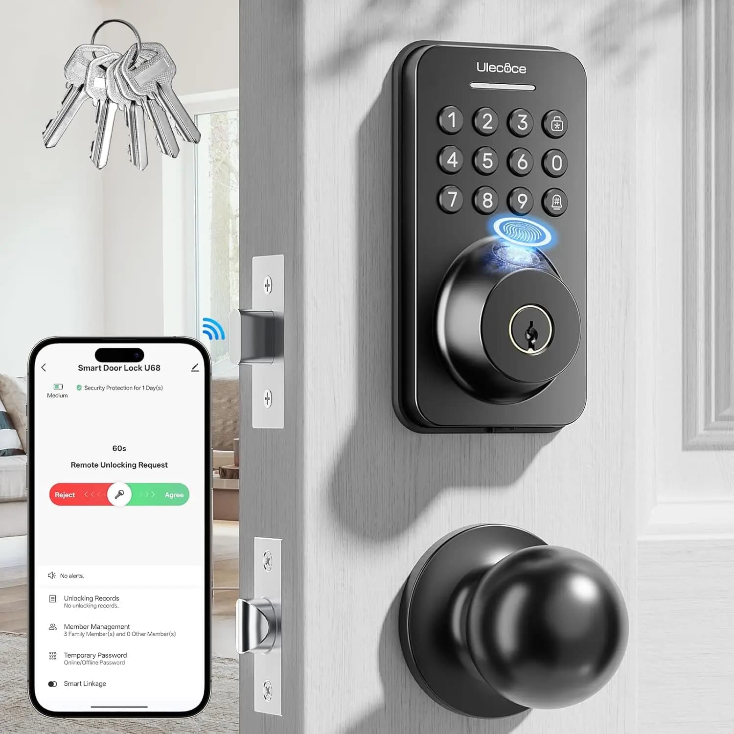 Serratura Intelligente WiFi con Impronta Digitale e Tastiera, Chiusura Automatica, Controllo App e Campanello - Facile Installazione