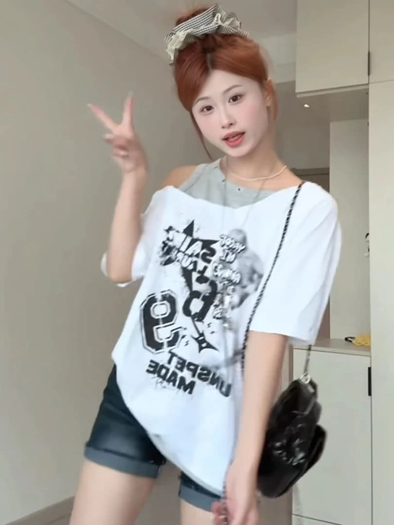 American Style Slim Fit Strap T-Shirt Women Summer New Small Size Shoulder Elegant Top Printed Loose Type Girl's Fashion