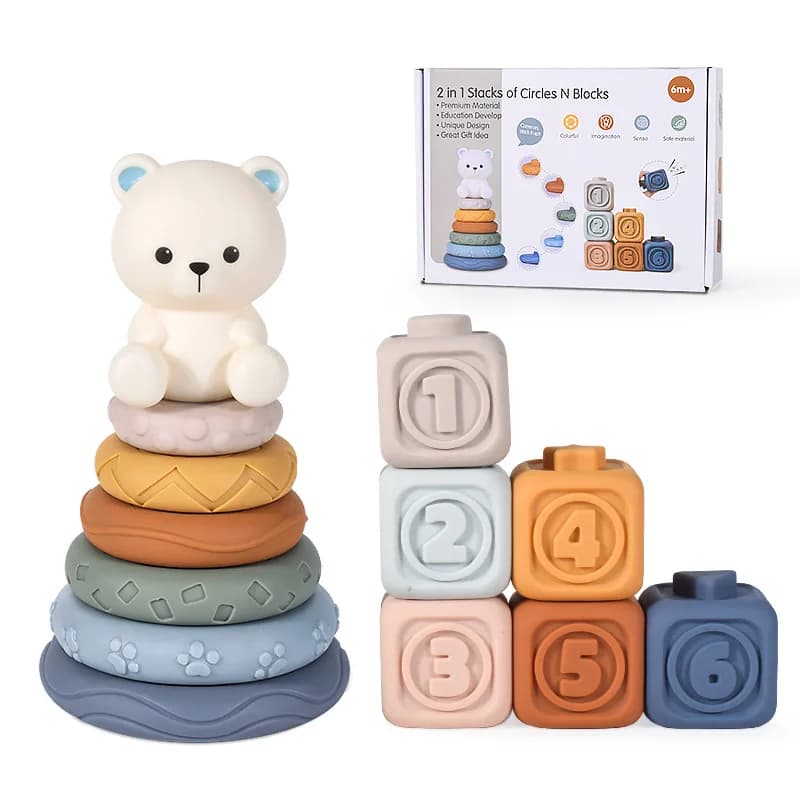 12 pezzi Simpatici animali Infantile precoce educativo Montessori giocattoli Impilatore e dentizione giocattolo in gomma morbida Blocchi di costruzione in silicone per bambini