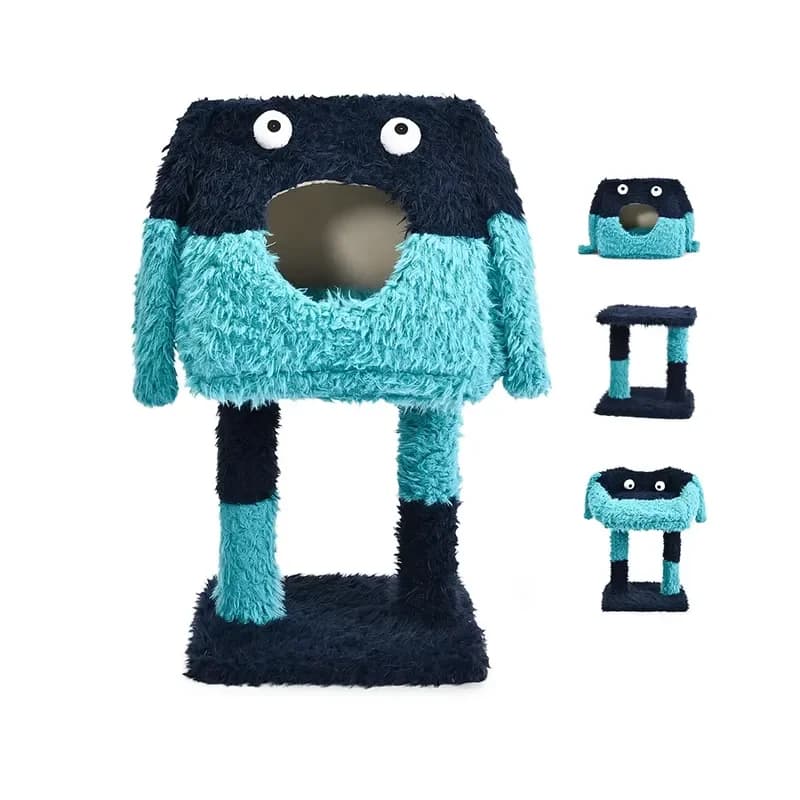 Navy Blue Dumb Monster Design Funny Cat Supplier Warm Long Plush Cat Cave Bed Cat Climbing Tree