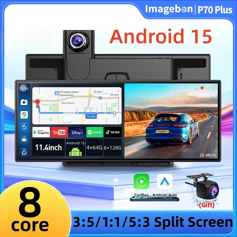 Imagebon P70 Plus 11.4" Android 15 Dashcam Carplay Android Auto DVR +APP Review Screen Google Gemini DVR Auto YouTube