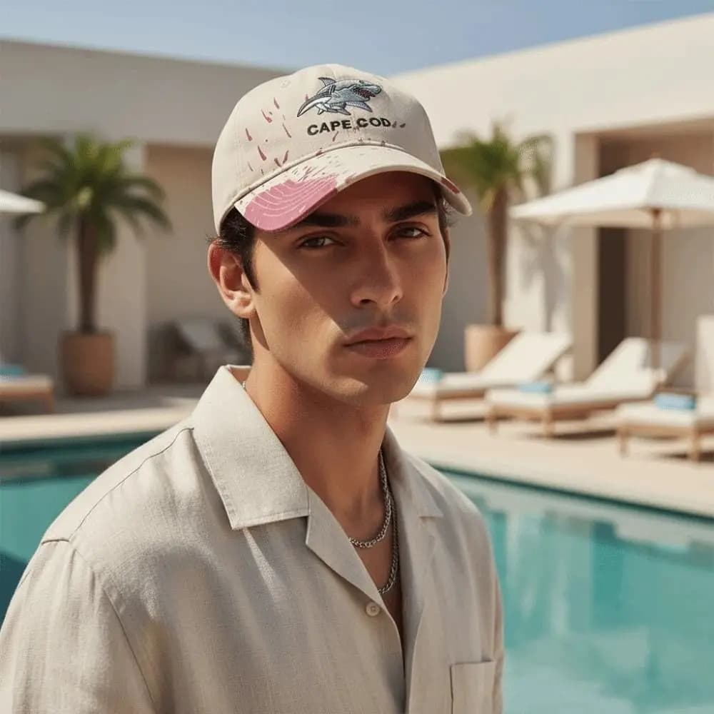 Chomped Brim Design Shark Bite Cap Premium Cotton Vibrant Fabric Paint Embroidered Baseball Hat Deconstructed Silhouette