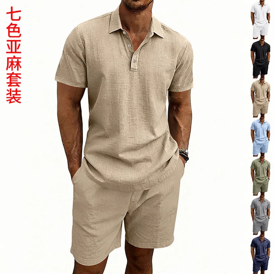 Summer Linen Casual Men's Loose Large Size Simple Short Sleeve Shorts Set