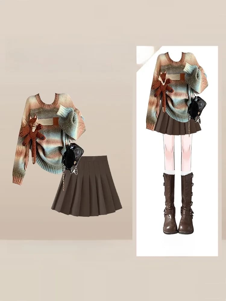 Women's Color Block knitted skirt, autumn winter, college style, striped pattern, long sleeve, short skirt