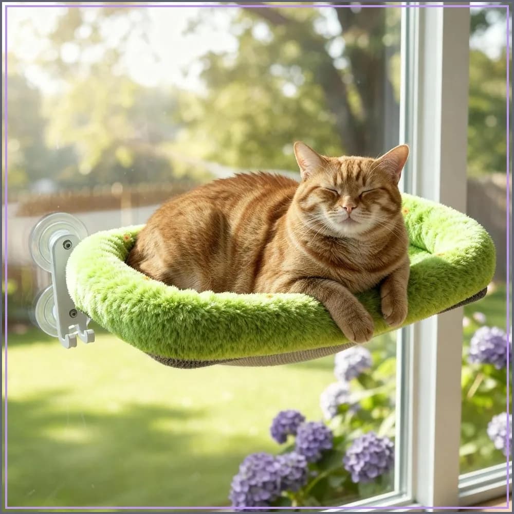 Foldable Cat Window Perch, Cordless Hammock with 4 Strong Suction Cups, Solid Metal Frame, Patented Hook Design