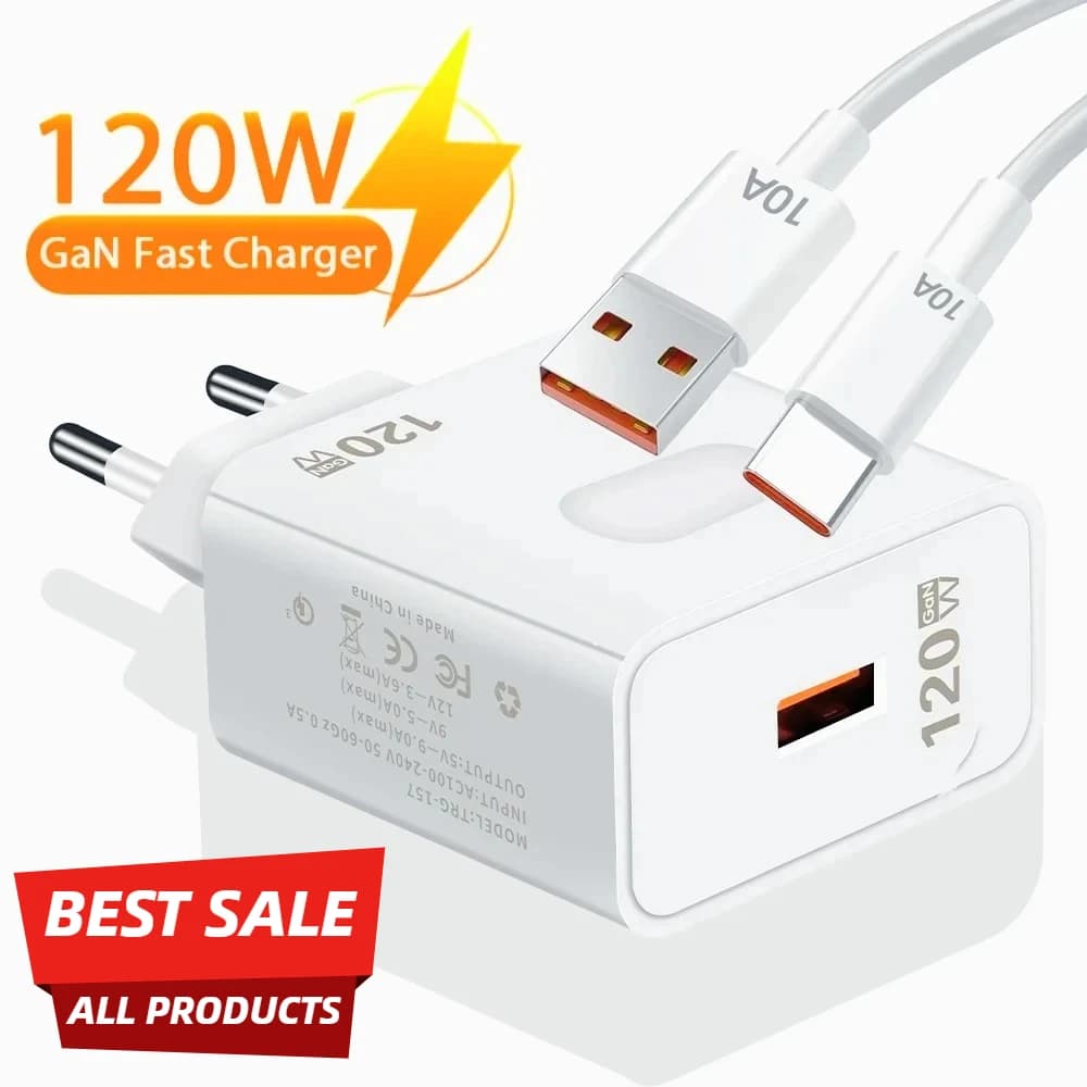 Caricatore USB 120W GaN Ricarica Rapida QC3.0 con Cavo Tipo C Adattatore da Muro per Telefoni Cellulari Huawei Redmi Xiaomi 17 Oneplus