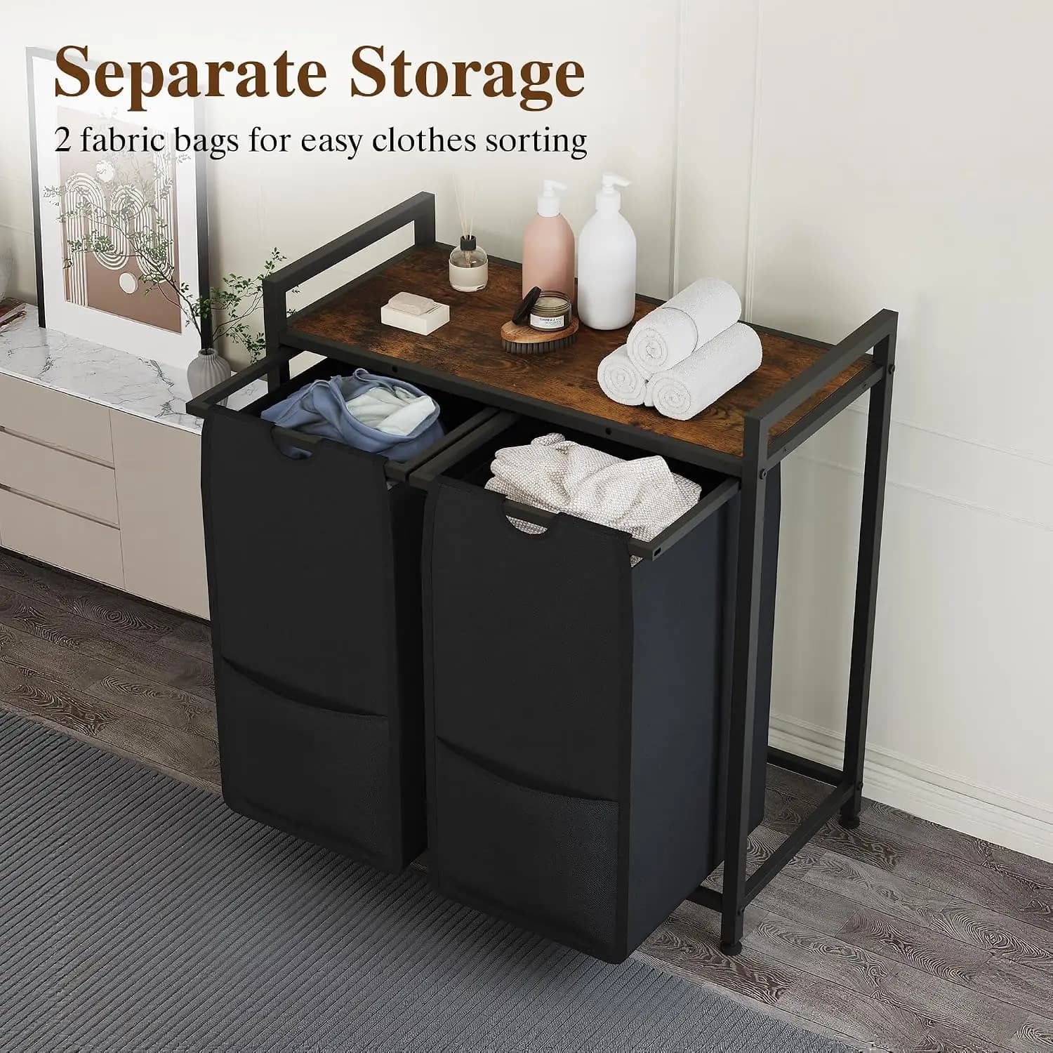 Laundry Sorter 2 Section, Laundry Hamper with Shelf, 97L Laundry Basket with Shelf, Removable Bags, Pockets, for Laundry Room, Bathroom & Bedroom, Rustic Brown and Black