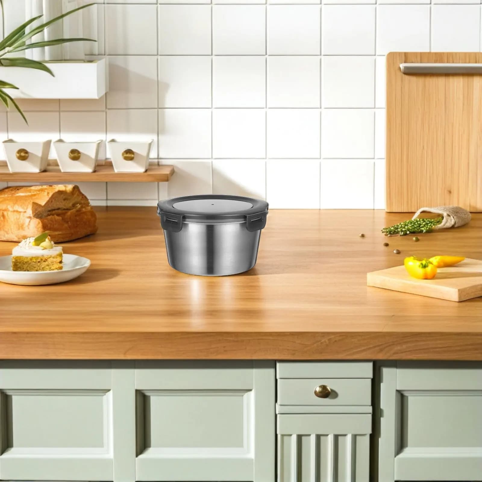 Contenitore per Alimenti Sigillato in Acciaio Inox da 1000 Ml, Design Rotondo Ermetico per Conservazione Pasti, Congelatore, Frigorifero, Contenitori per Snack