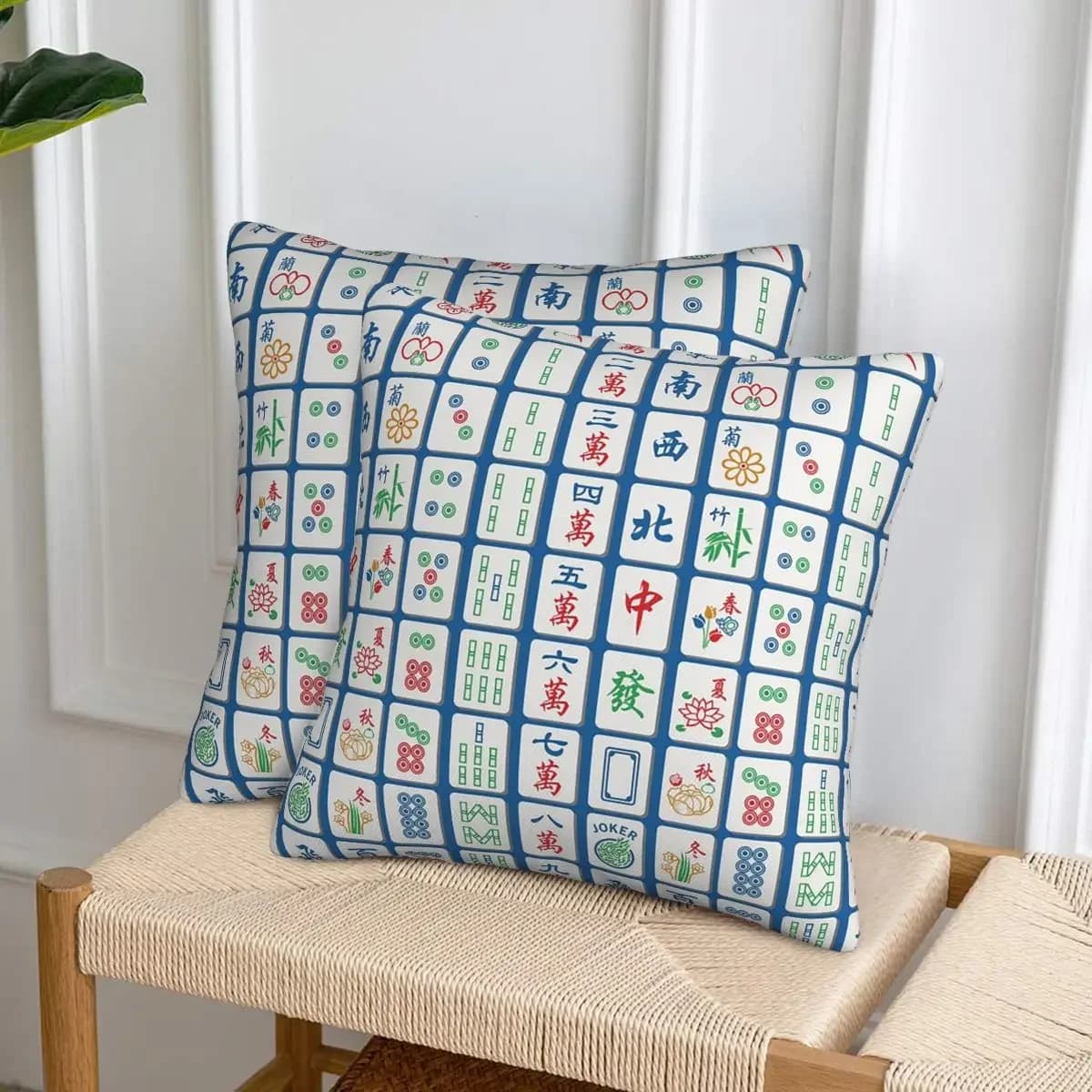 Mahjong Tiles On Blue 2 pz. Federa quadrata per cuscino, decorazione per cuscino, cuscino confortevole per divano di casa