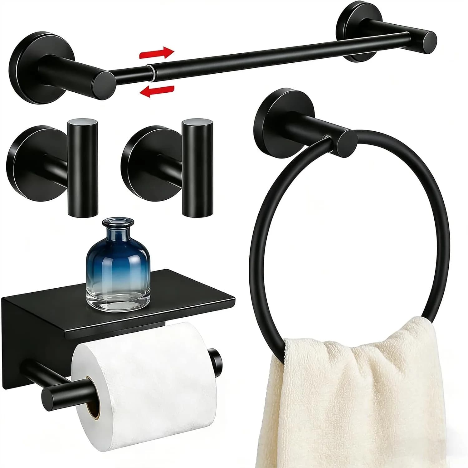 Set di 5 barre porta asciugamani regolabili da 16,5-25,7 pollici, accessori da bagno in acciaio inossidabile nero opaco con porta carta igienica, da parete