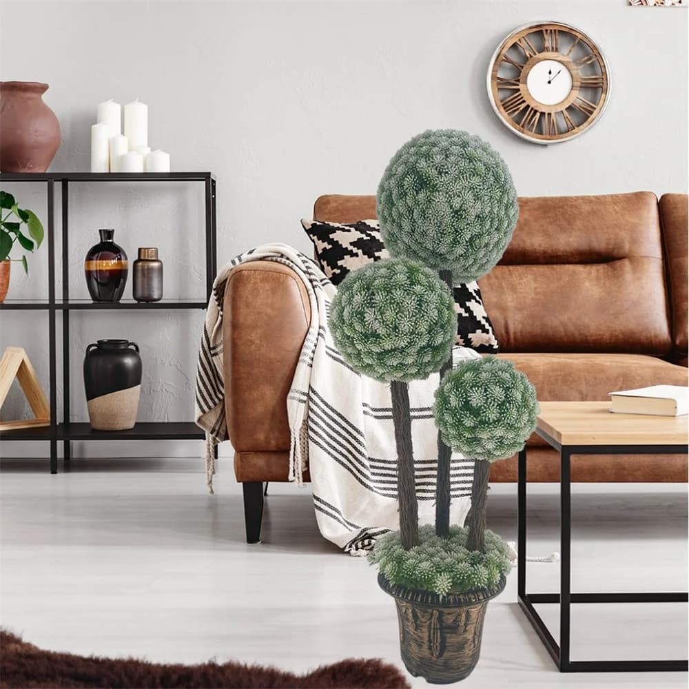 Three rods simulated ball tree Green leaf tree in tree shape, artificial plant in pot irregular pine leaves