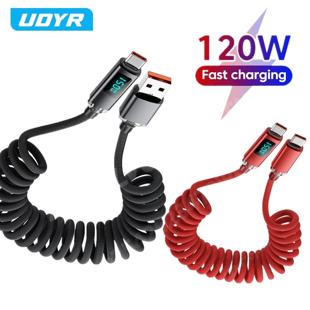 120W Car Retractable Cable Digital Display Spring USB A Type C To Type C Cable For Samsung iPhone 16 Fast Charging Charger Cable