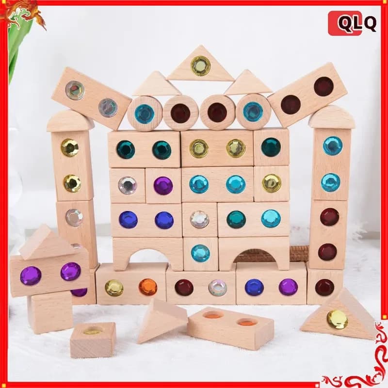 Blocchi di Legno Giocattolo con Gemme, Blocchi da Costruzione Arcobaleno Impilabili, Blocchi in Legno Naturale per Bambini, Giocattoli Educativi per la Rifrazione Trasparente