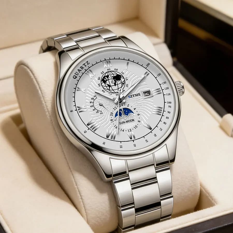 Orologi da uomo di lusso con cinturino in acciaio, calendario, numeri romani, luminosi, alla moda, al quarzo.
