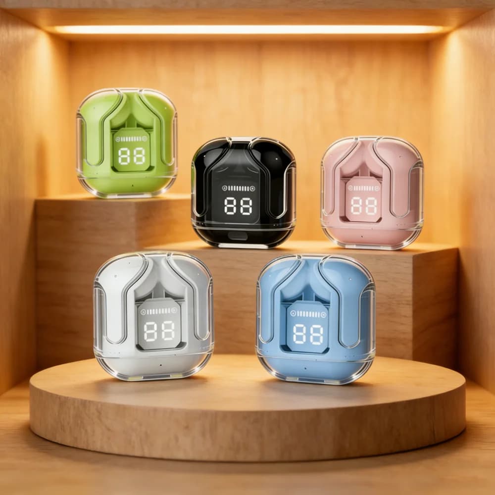 Auricolari Bluetooth wireless trasparenti HIFI con display digitale LED e suono stereo per smartphone