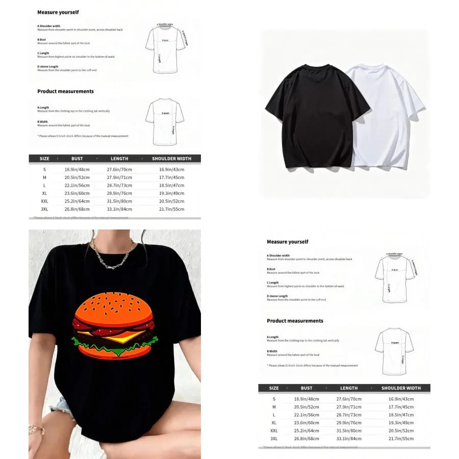 【Nuovo stile】T-shirt con stampa divertente a girocollo con grafica di hamburger, t-shirt da donna oversize bianca casual con stampa di cibo, moda estiva S