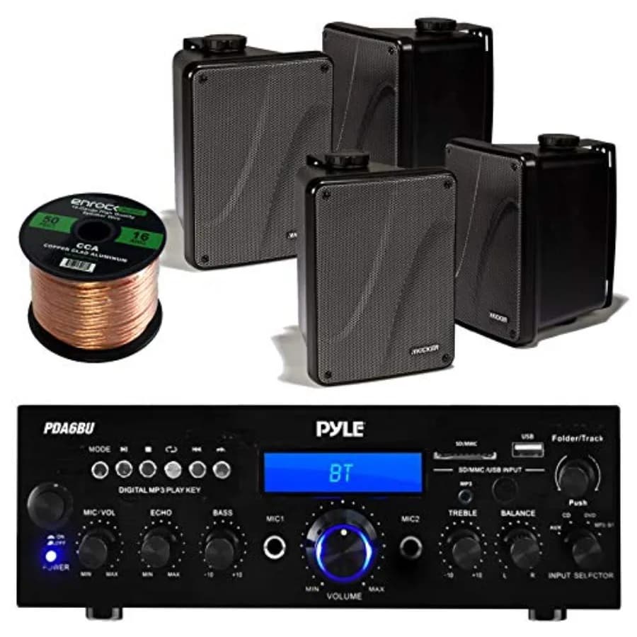 Amplificatore radio Bluetooth da esterno con altoparlanti impermeabili, nero, include ingresso USB/AUX e cavo per altoparlanti da 15 metri