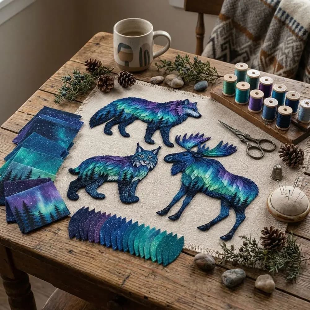 Northern Lights Aurora Animal Quilt Kit Handmade Nature Themed Patchwork Sewing Kit Starry Embroidery