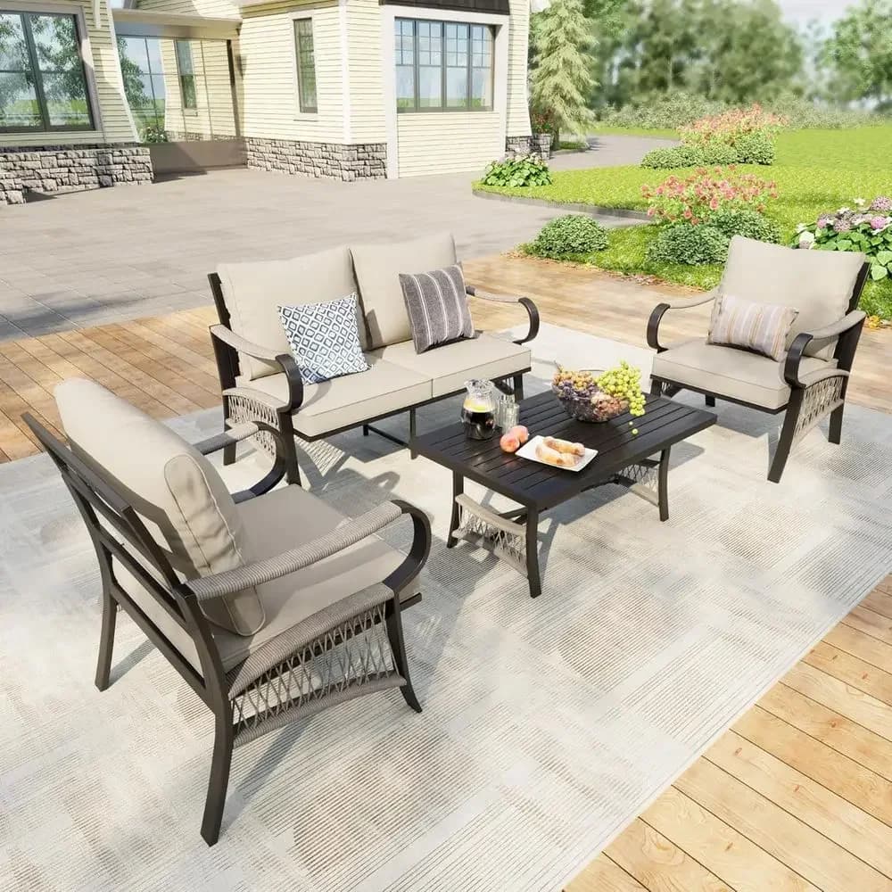 4-Piece Metal Outdoor Patio Furniture Set with Coffee Table, Includes Couch, Loveseat, and Chairs with Thick Beige Cushions
