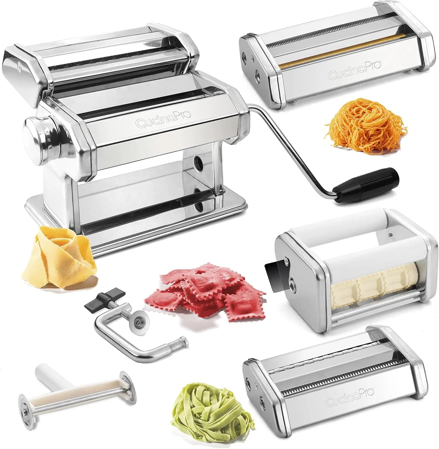 Set per Fare la Pasta in Acciaio Inox con 3 Accessori - Crea 5 Tipi di Pasta tra cui Spaghetti, Fettuccine e Ravioli