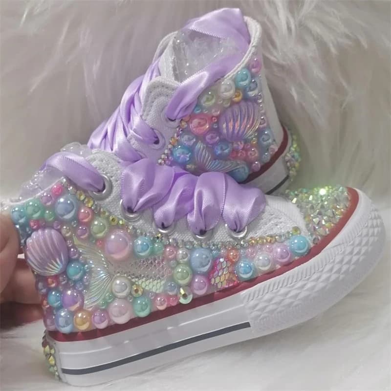 Scarpe da ginnastica alte per bambini a tema sirena con perle, fatte a mano, con decorazioni bling, in tela, per simulazione di conchiglie, fai da te, Dollbling, scarpe Sotto il Mare