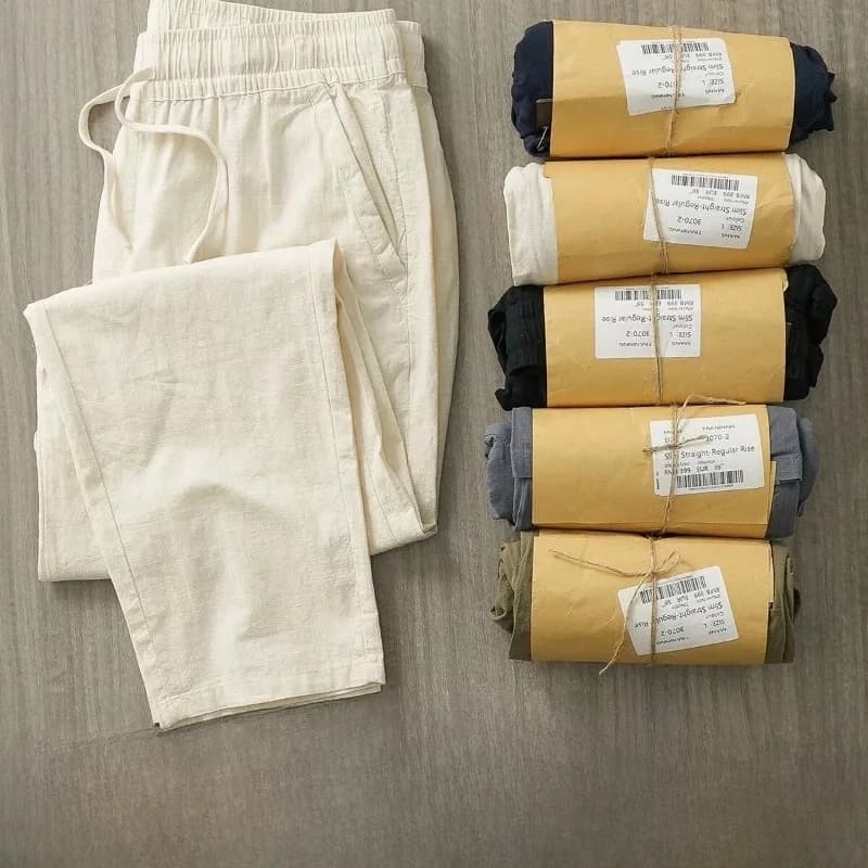 Pantaloni Casual in Lino e Cotone Stile Giapponese, Slim Fit, Traspiranti, Assorbenti, con Vita Elastica, Gamba Dritta, per Uomo
